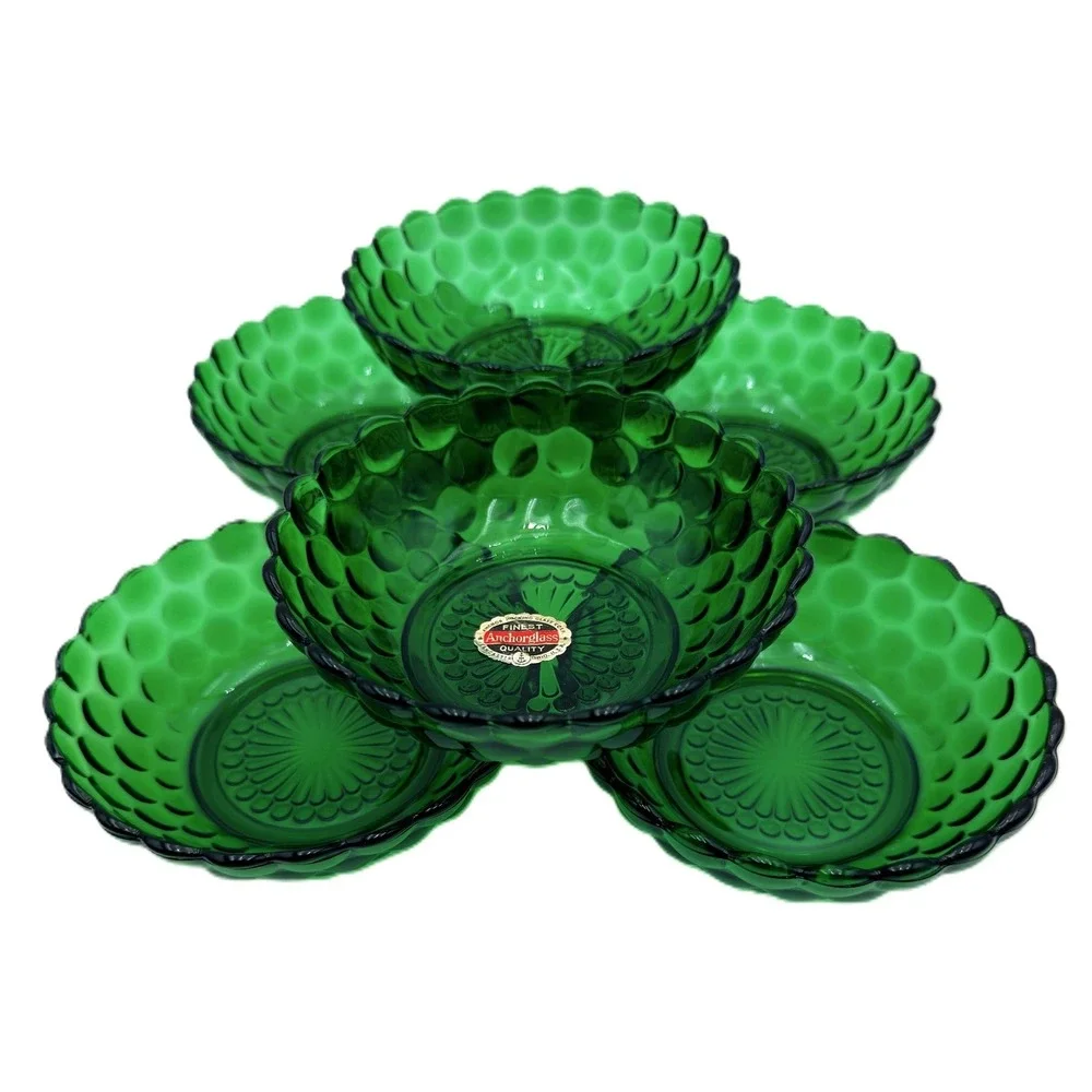 Vtg Anchor Hocking BUBBLE #1600 Line Forest Green Cereal Bowl Set of 6‎ - 1950s